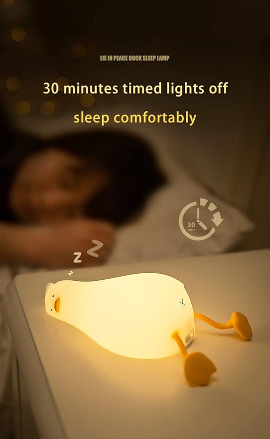Lying Flat Duck Night Light with Timer, 3-Level Dimmable USB Rechargeable Bedside Lamp, Soothing Nursery Decor Gift for Kids, Boys, Girls, Teens