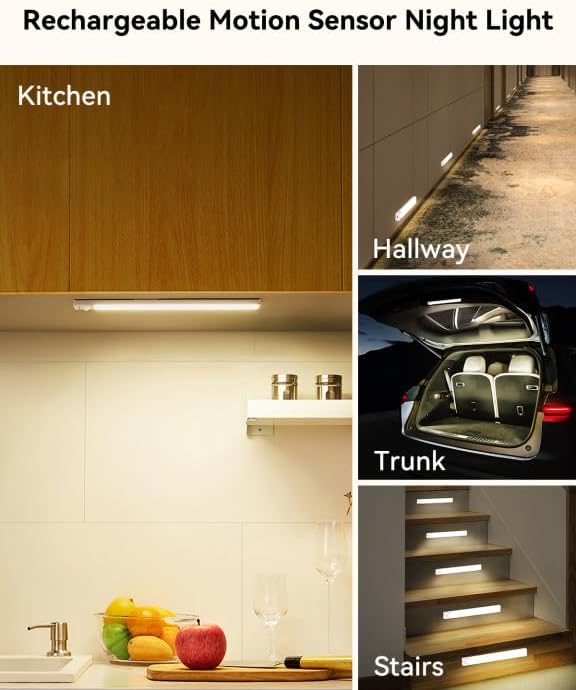 Under Cabinet Lighting 12 Inch 3-Pack, Rechargeable Motion Sensor Light Indoor, Dimmable 3 Color Temps Closet Lights Battery Operated, Stick Wireless Under Counter Lights for Kitchen, Stairs