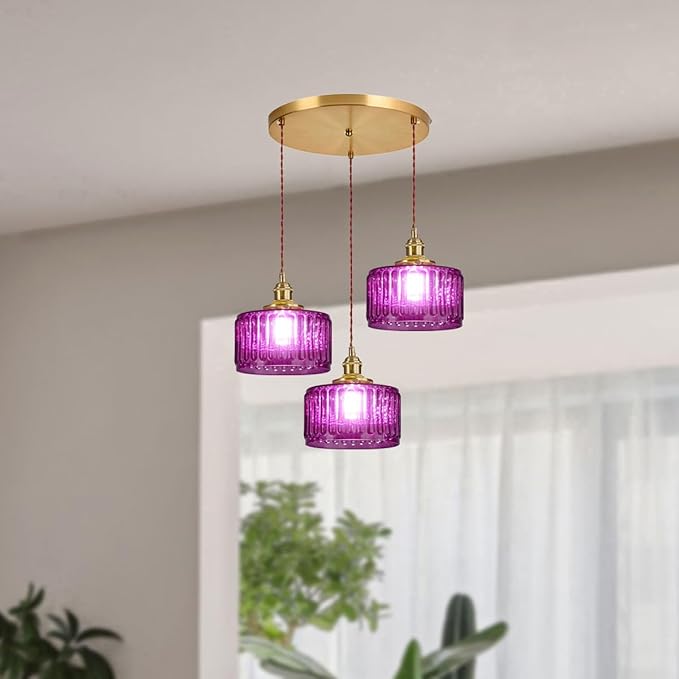 3-Light Glass Globe Chandelier Kitchen Island Mid Century Modern Ceiling Pendant Light Purple Striped Shade Gold Hanging Lights Fixture Multi Light Cluster Chandeliers Dining Room