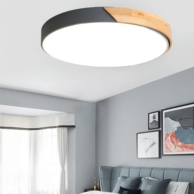 LED Ceiling Light Fixture,10 Inch Modern Wood Recessed Ceiling Lights, Dimmable Light,Grey 12W Close to Ceiling Lighting Flush Mount Living Room Bedroom,3000K-6000K