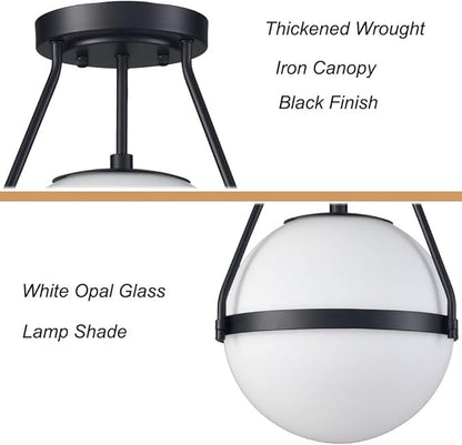 HOLKIRT Mid Century Semi Flush Mount Ceiling Light Black Globe Ceiling Light Modern Light Fixture with White Opal Glass Shade for Living Room Bedroom Hallway