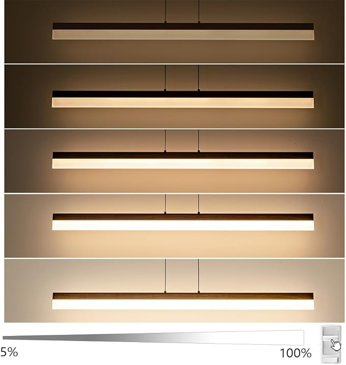 39" Modern Linear Pendant Light Dimmable LED Ceiling Hanging Light Fixtures Woodgrain Linear Chandelier with Adjustable Height for Kitchen Island Dining Room 3000K
