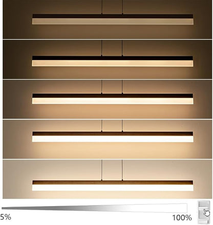 39" Modern Linear Pendant Light Dimmable LED Ceiling Hanging Light Fixtures Woodgrain Linear Chandelier with Adjustable Height for Kitchen Island Dining Room 3000K