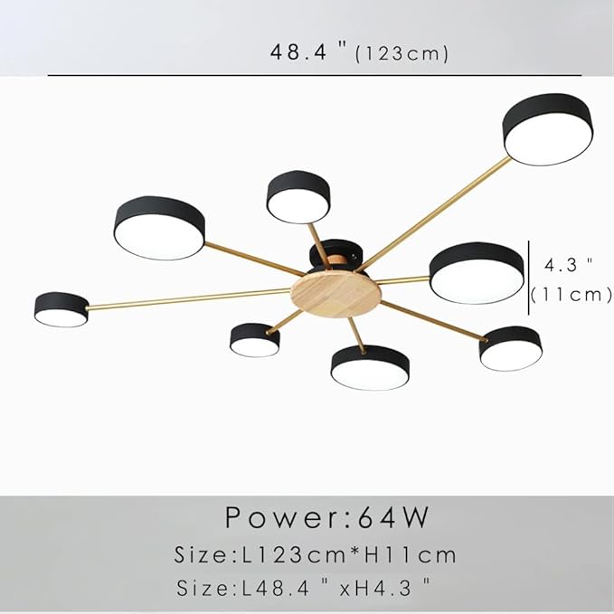 8-Lights LED Ceiling Light Fixture,48 Inch Modern Ceiling Lights Flush Mount Wooden 64W Dimmable Chandelier for Living Room Bedroom Kitchen,3000K/4000K/6000K Black