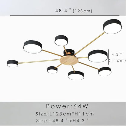8-Lights LED Ceiling Light Fixture,48 Inch Modern Ceiling Lights Flush Mount Wooden 64W Dimmable Chandelier for Living Room Bedroom Kitchen,3000K/4000K/6000K Black
