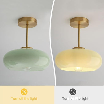 Milk Ceiling Light mid Century Modern Ceiling Light fixtures with Milk Green Glass Shade Gold Semi Flush Mount Ceiling Light, Vintage Glass Ceiling Lamp Hallway Dining Room Kitchen