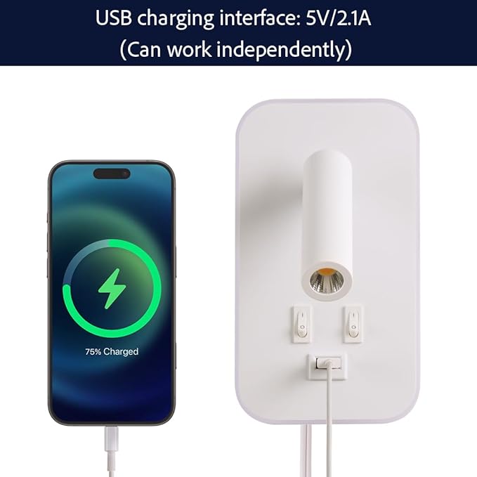 Wall Sconce Plug in with Wall Mounted Reading Lights, Wall Lamp for Bedroom with Charging Station USB Ports,Headboard Bedside Lamps, Plug-in or Hardwired, Eye-Caring Bedroom Lighting, White