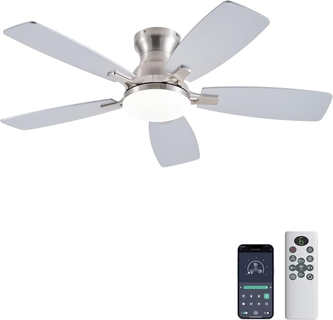 JSAITEE Ceiling Fans with Lights, 42 Inch Low Profile Ceiling Fan with Light and Remote Control, Flush Mount, DC Reversible Motor, Noiseless, Nickel 6 Speeds Ceiling Fan for Bedroom