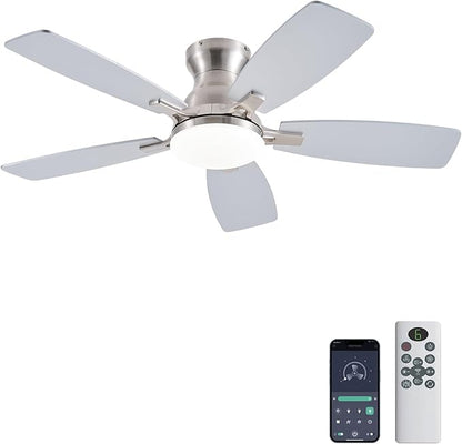 JSAITEE Ceiling Fans with Lights, 42 Inch Low Profile Ceiling Fan with Light and Remote Control, Flush Mount, DC Reversible Motor, Noiseless, Nickel 6 Speeds Ceiling Fan for Bedroom