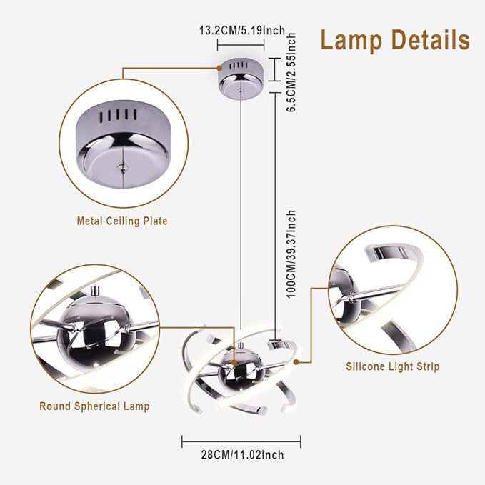 Modern Pendant Lights Kitchen Island,Silver Hanging Light Lamp,Pendant Light Fixtures for Dining Room Ceiling,Kitchen,Foyer,Living Room,Bedroom,Entryway,Over Table,Adjustable Shape,26W,Acrylic