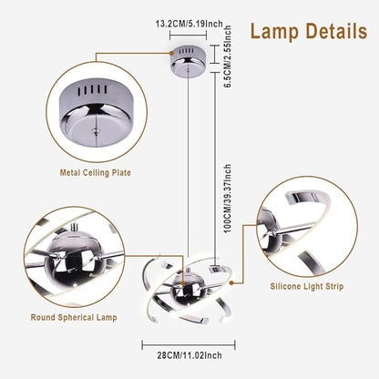 Modern Pendant Lights Kitchen Island,Silver Hanging Light Lamp,Pendant Light Fixtures for Dining Room Ceiling,Kitchen,Foyer,Living Room,Bedroom,Entryway,Over Table,Adjustable Shape,26W,Acrylic