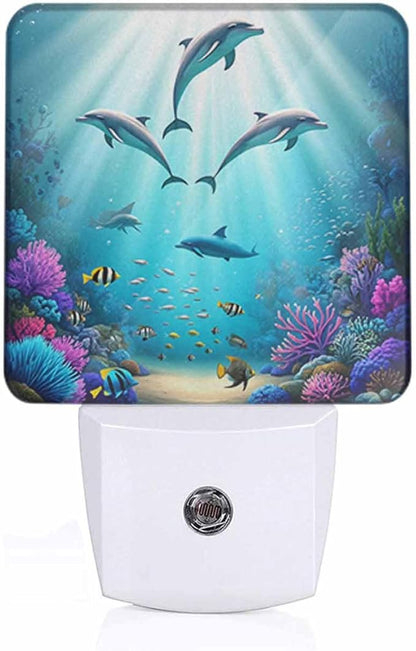 Dolphins LED Night Lights Plug into Wall Various Plants in The Underwater World 0.5W Plug in Night Light, Dusk to Dawn, Bright Nightlight Auto On/Off, for Room Bedroom Bathroom