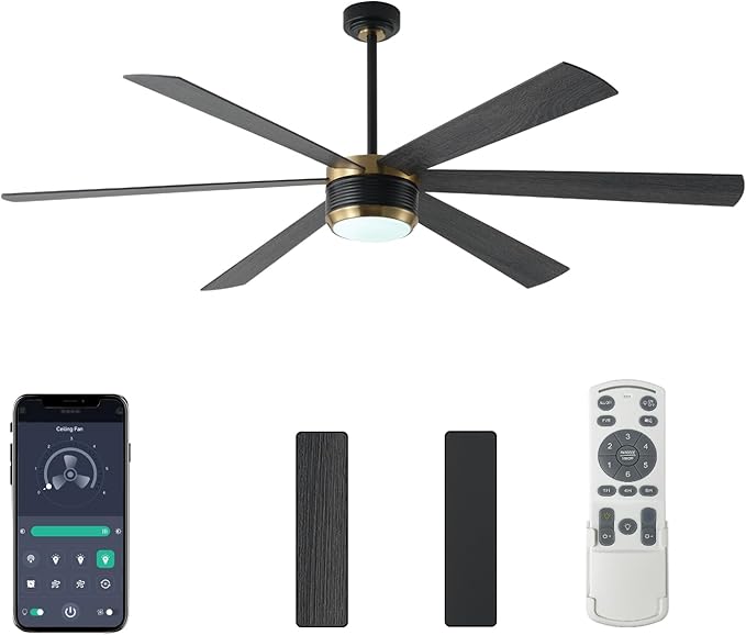 SHOWDI Ceiling Fan with Lights and Remote, 6 Blade App Control Timer Reversible Stepless Brightness and Color Temperature Outdoor Wood Ceiling Fan with Lights (Black-Gold, 72 Inch)
