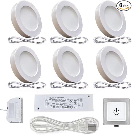 VST Under Cabinet Lights Plug in with Wired Touch Dimmer Switch,Recessed or Surface Mount,Natural White 3000K 12V 2W(12W Total, 60W Equivalent),6 Pack White Puck Lights Fixtures
