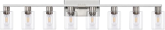 8 Light Bathroom Vanity Light Brushed Nickel Bathroom Light Fixtures 8-Light Vanity Lights for Bathrrom Lights Fixtures Over Mirror Large Wall Sconce with Clear Glass Shade