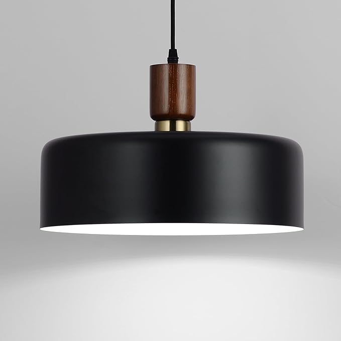 Modern Solid Wood Pendant Lights,13.8" Large Hammered Vintage Chandeliers,Black Finish Hanging Lighting Lamp,Industrial Drum Ceiling Light Fixtures for Dining Room,Kitchen Island, Farmhouse