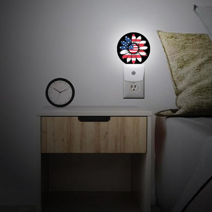 Sunflower USA Flag Plug in Night Light Auto Light Round Lamps Energy Saving Gift for Women Men Friends