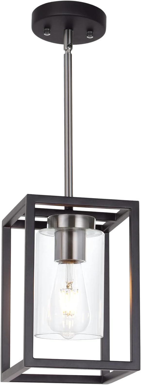Single 1 Light Black and Brushed Nickel Modern Glass Pendant Light Industrial Modern Metal Chandelier with Clear Glass Shade for Dining Room Kitchen Island Foyer Cafe