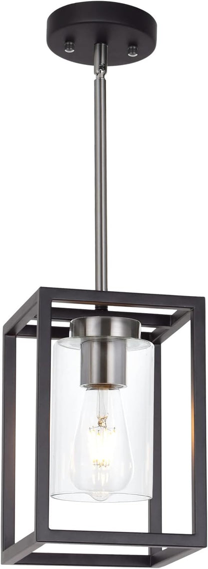 Single 1 Light Black and Brushed Nickel Modern Glass Pendant Light Industrial Modern Metal Chandelier with Clear Glass Shade for Dining Room Kitchen Island Foyer Cafe