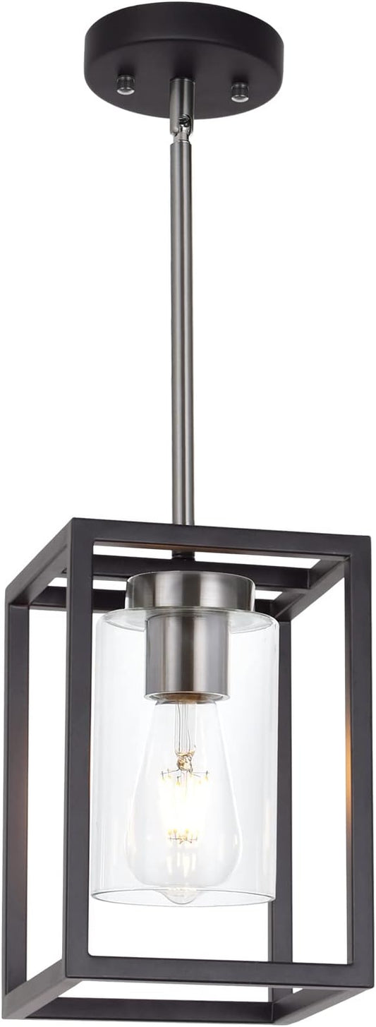 Single 1 Light Black and Brushed Nickel Modern Glass Pendant Light Industrial Modern Metal Chandelier with Clear Glass Shade for Dining Room Kitchen Island Foyer Cafe