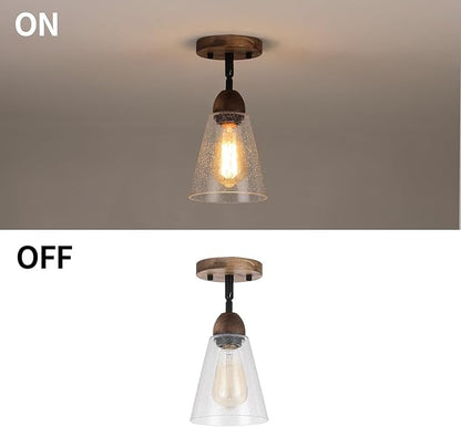 2 Pack Rustic Farmhouse Glass Flush Mount Ceiling Light Fixture Mini Clear Seeded Glass Shade and Oak Wood Semi Flush Mount Ceiling Light for Kitchen Hallway Entryway Sink Farmhouse