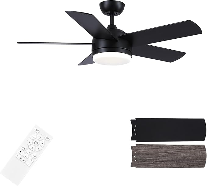 YUHAO 44 Inch Black Ceiling Fan with Light and Remote Control.Noiseless,Dimmable,3CCT,6 Speeds Reversible, DC Ceiling Fans for Indoor or Covered Outdoor Use.ETL Listed