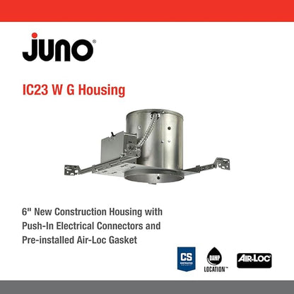 Juno Lighting IC23 W G 6-Inch IC Rated Universal Incandescent Housing with Floating Socket with Push in Electrical Connectors and Air-Loc Gasket, 6 Inches - No Plate, New Construction