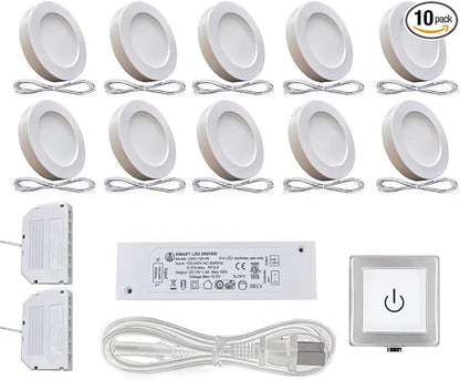 VST Under Cabinet Lighting Plug in with Wired Touch Dimmer Switch,Recessed or Surface Mount Design,Natural White 4000K 12V 2W(20W Total, 10 Pack White) Puck Lights Fixtures