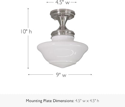 Design House Vintage-Inspired Schoolhouse Semi-Flush Mount Ceiling Light, 9 in x 9 in x 10 in, Satin Nickel, White Glass Shade, 577494