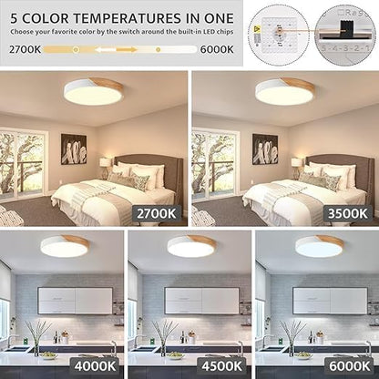 Modern Dimmable Wood Ceiling Light, Minimalist LED 5CCT 2700K-6000K Flush Mount Ceiling Light Fixture, Round Lighting Lamp for Bedroom Living Room Dining Room Laundry, White, 15.8"