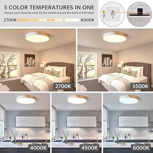 Modern Dimmable Wood Ceiling Light, Minimalist LED 5CCT 2700K-6000K Flush Mount Ceiling Light Fixture, Round Lighting Lamp for Bedroom Living Room Dining Room Laundry, White, 15.8"
