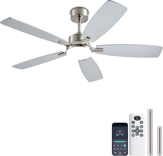 NKPU Ceiling Fans with Lights, 52 Inch Low Profile Ceiling Fan with Light and Remote Control, 2 Downrods, DC Reversible Motor, Dimmable LED Ceiling Fans for Bedroom,Indoor/Outdoor Patio Use（Nickel）