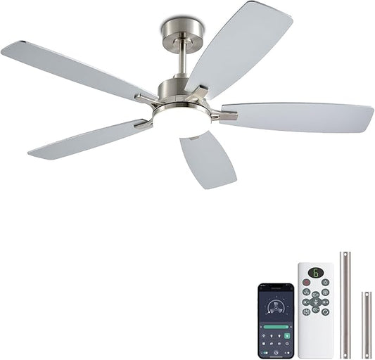 NKPU Ceiling Fans with Lights, 52 Inch Low Profile Ceiling Fan with Light and Remote Control, 2 Downrods, DC Reversible Motor, Dimmable LED Ceiling Fans for Bedroom,Indoor/Outdoor Patio Use（Nickel）