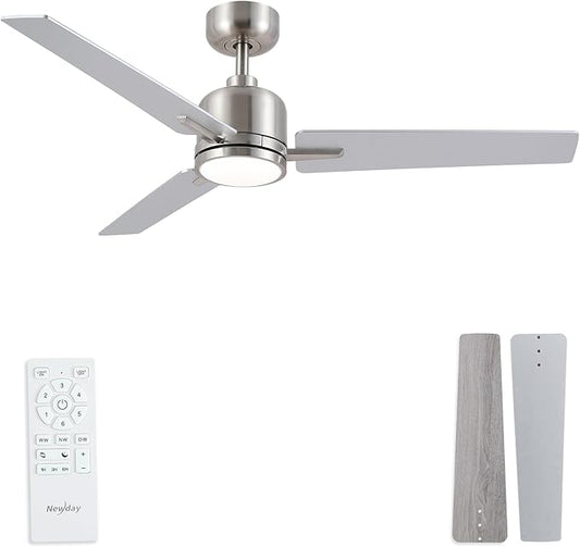 Newday 48 Inch Brushed Nickel Ceiling Fan with Light & Remote - Noiseless Reversible DC Motor, Dimmable 3CCT, 6-Speed with Timer, 3 Blades for Indoor/Covered Outdoor Use (ETL Listed)