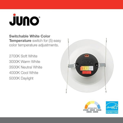 Juno E Series 5"/6" LED Ceiling Light, Smooth Trim Recessed Lighting with 5-in-1 Switchable White Color, 900 Lumens, Wet Rated LED Downlight, Dimmable, White