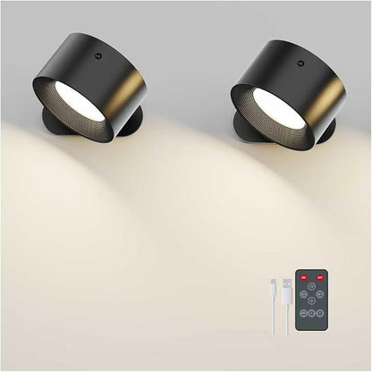 Deyagoo 2PACK Romote LED Wall Sconce - Rechargeable Wall Light, 3 Colors & 3 Brightness Levels, 360° Magnetic Rotating Head, Bedside Reading Lamp, Easy Install Battery Operated Wall Lamp Black