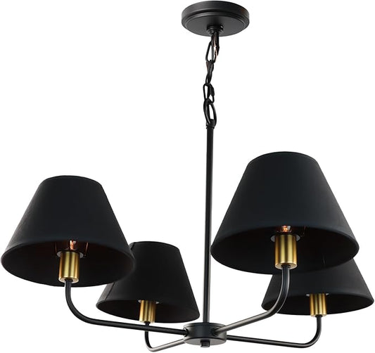 Kalium 4-Light Mid-Century Modern Chandelier, Black and Gold Farmhouse Chandeliers Hanging Dining Room Light Fixture with Fabric Shades for Kitchen Island, Living Room, Bedroom, Foyer