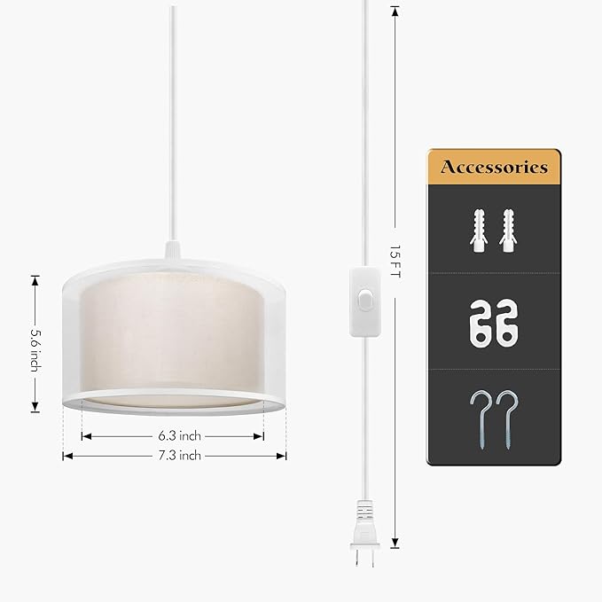 Plug in Pendant Light, 15FT White Cord Hanging Lights with Plug in Cord, Hanging Light with On/Off Switch, Double Linen Shade Fabric Design, Pendant Llight Fixture for Bedroom Restaurant Beige