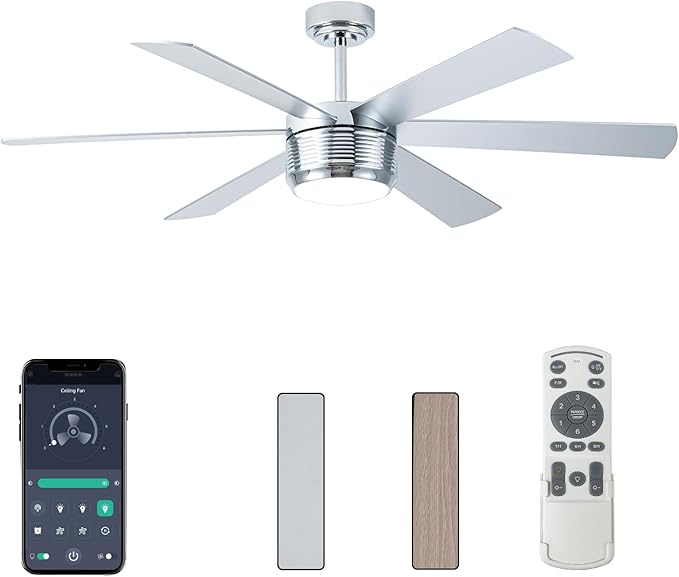 SHOWDI Ceiling Fan with Lights and Remote, 6 Blade App Control Timer Reversible Stepless Brightness and Color Temperature Outdoor Wood Ceiling Fan with Lights (Chrome, 56 Inch)