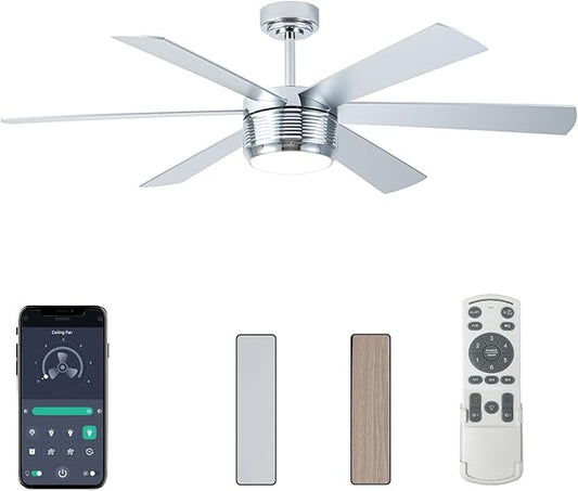 SHOWDI Ceiling Fan with Lights and Remote, 6 Blade App Control Timer Reversible Stepless Brightness and Color Temperature Outdoor Wood Ceiling Fan with Lights (Chrome, 56 Inch)