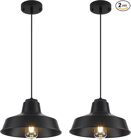 Black Pendant Lights Kitchen Island 2 Pack, 11.8" Farmhouse Kitchen Island Light, Matte Black Industrial Pendant Lighting, Modern Pendant Lights for Kitchen Island Dining Room