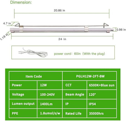 2FT Suction Cup Style Plant Grow Light,12W, LED Grow Lamp Fixture on Wall, Seed Starter kit, 6500K Cool White, Enhanced Blue Light, Height Adjustable, Herbs Growing lamp, IP54