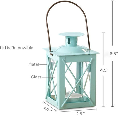 Kate Aspen Rustic Shelf Decor Luminous Vintage Tea Light Votive Candle Holders Metal Mini Decorative Lantern, Distressed Teal Blue (Pack of 2)
