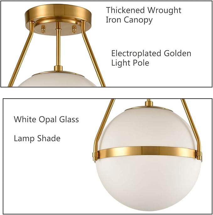 HOLKIRT Mid Century Modern Globe Semi Flush Mount Ceiling Light Fixture,White Opal with Brass Finish,Living/Dinning Room-Dimmable