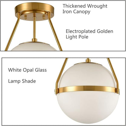 HOLKIRT Mid Century Modern Globe Semi Flush Mount Ceiling Light Fixture,White Opal with Brass Finish,Living/Dinning Room-Dimmable