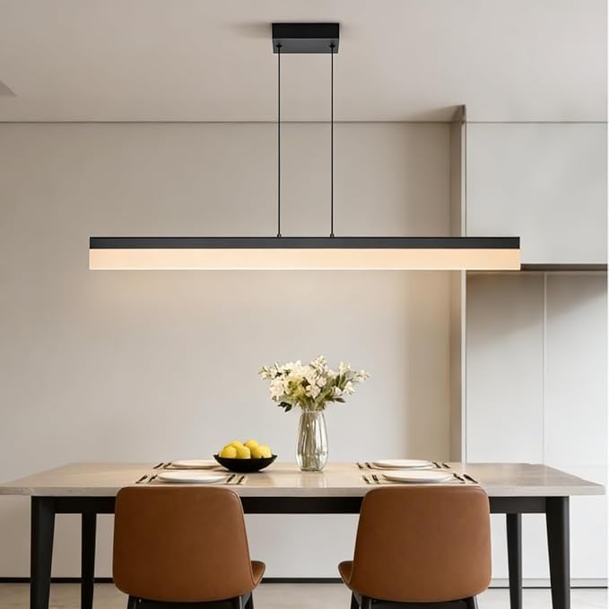 Black Wood LED Kitchen Island Lighting, 39 Inch LED Linear Pendant Light, Dimmable Ceiling Hanging Chandeliers for Dining Room Living Room Bar Pool Table 24W, Modern Farmhouse Fixture, 3000K