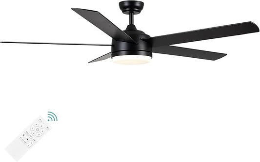 YUHAO 60 Inch Black Ceiling Fan with Light and Remote Control.Noiseless,Dimmable,3CCT,6 Speeds Reversible, DC Ceiling Fans for Indoor or Covered Outdoor Use.ETL Listed