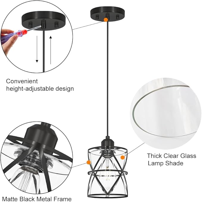 DSMJFU 2 Pack Black Pendant Lights, Modern Clear Glass Adjustable Hanging Lighting for Kitchen Island Bedroom Bathroom Entryway Hallway, E26 Base Ceiling Pendant Light Fixtures