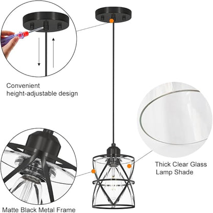 DSMJFU 2 Pack Black Pendant Lights, Modern Clear Glass Adjustable Hanging Lighting for Kitchen Island Bedroom Bathroom Entryway Hallway, E26 Base Ceiling Pendant Light Fixtures