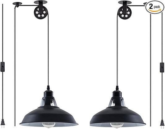 Plug in Pendant Light Industrial Pulley Pendant Lamp E26 Vintage Hanging Light Fixture With 16.4ft Cord On/Off Switch For Pool Table,Houseplant Grow lights,Kitchen Island,Sink 2 Pack Black